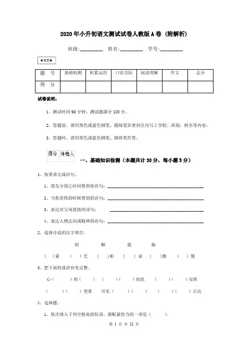2020年小升初语文测试试卷人教版A卷 (附解析)