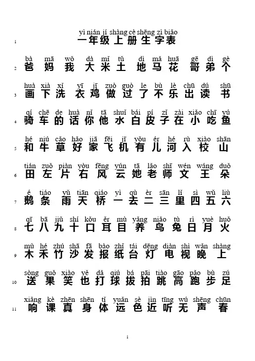 最新人教版一年级上册生字表带拼音