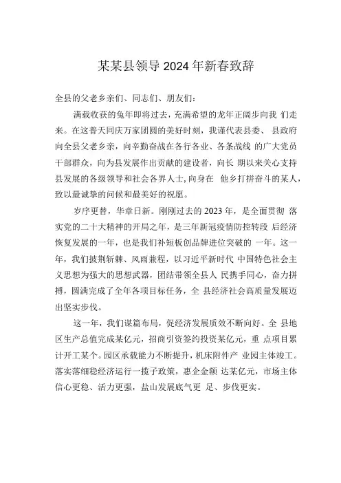 某某县领导2024年新春致辞