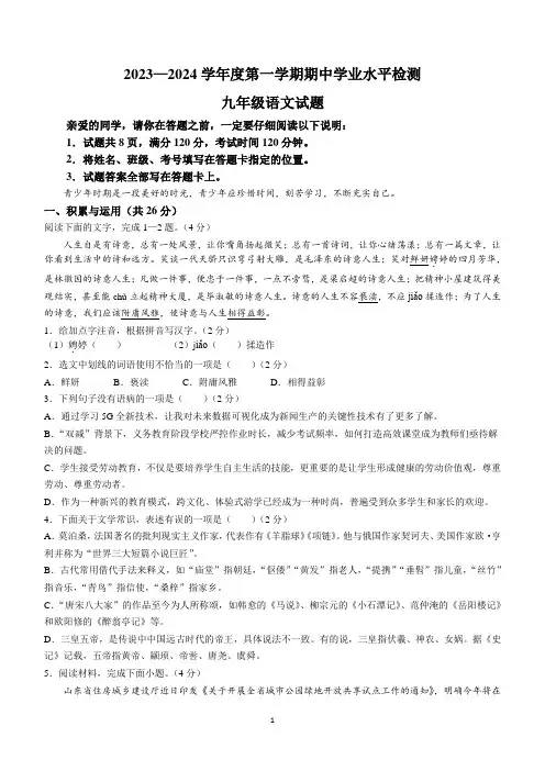 山东省聊城市莘县2023-2024学年九年级上学期期中语文试题(含答案)