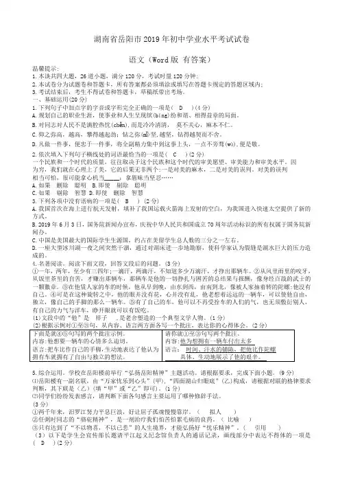 (精编版)湖南省岳阳市2019年中考语文试题(有答案)