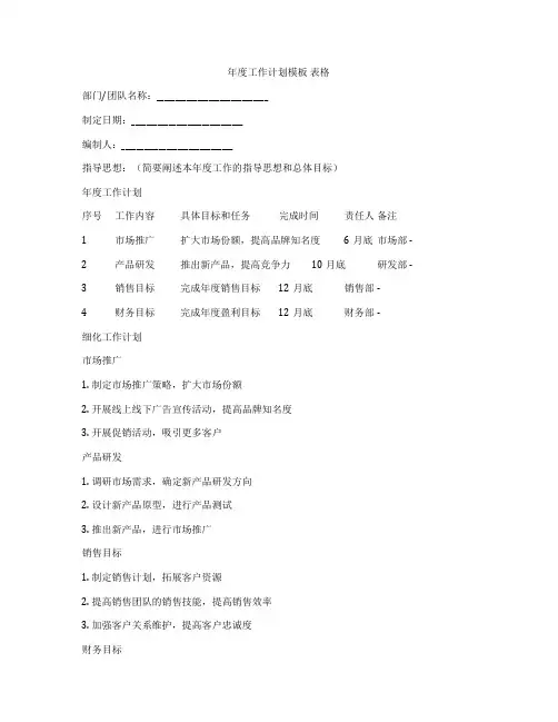 年度工作计划模板 表格