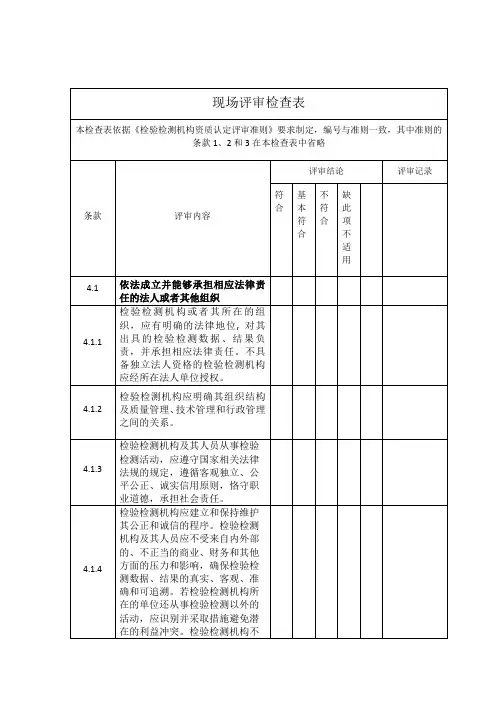 《检验检测机构资质认定评审准则》2016.6实施版——现场评审检查表.