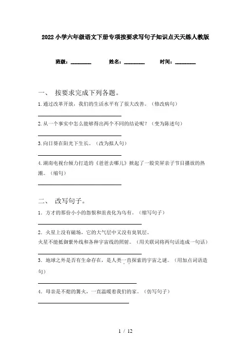 2022小学六年级语文下册专项按要求写句子知识点天天练人教版