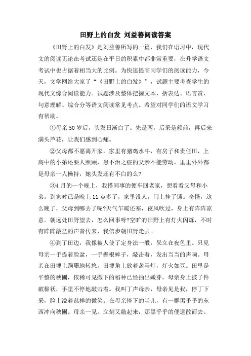 田野上的白发 刘益善阅读答案