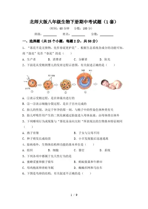 北师大版八年级生物下册期中考试题(1套)