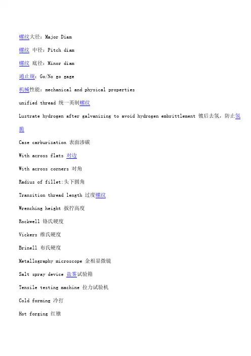 紧固件术语名词中英文对照