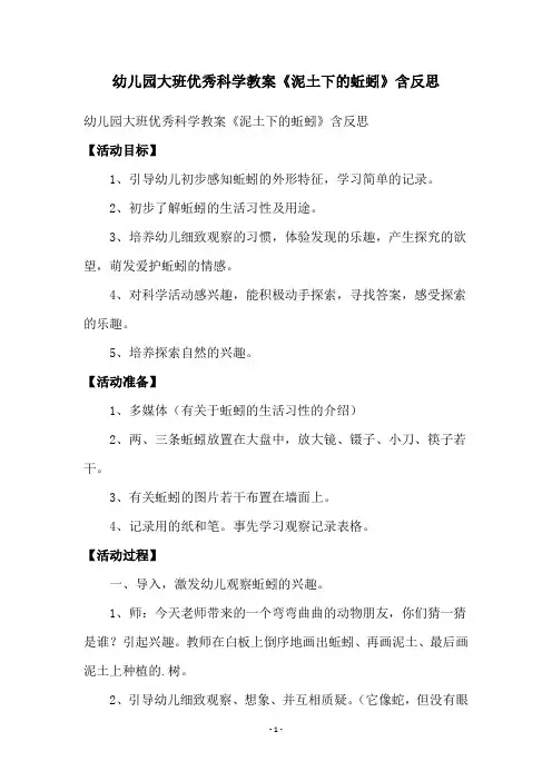 幼儿园大班优秀科学教案《泥土下的蚯蚓》含反思