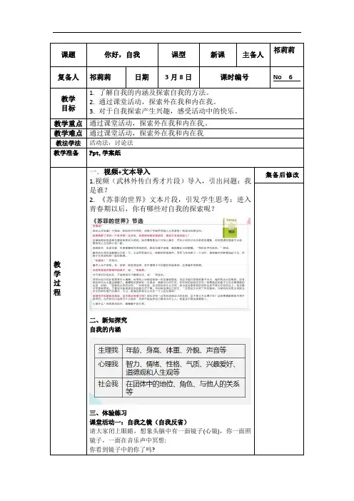中学生心理健康课探索自我系列课程——你好，自我教案