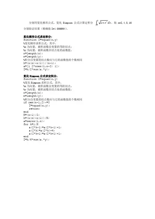 数值分析复化梯形公式,复化Simpson公式MATLAB程序