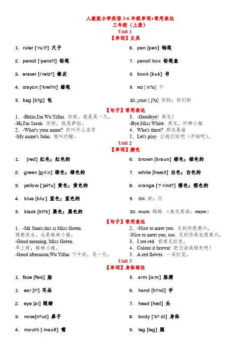 人教版小学英语3-6年级书后词汇表(带音标)和常用表达完整版