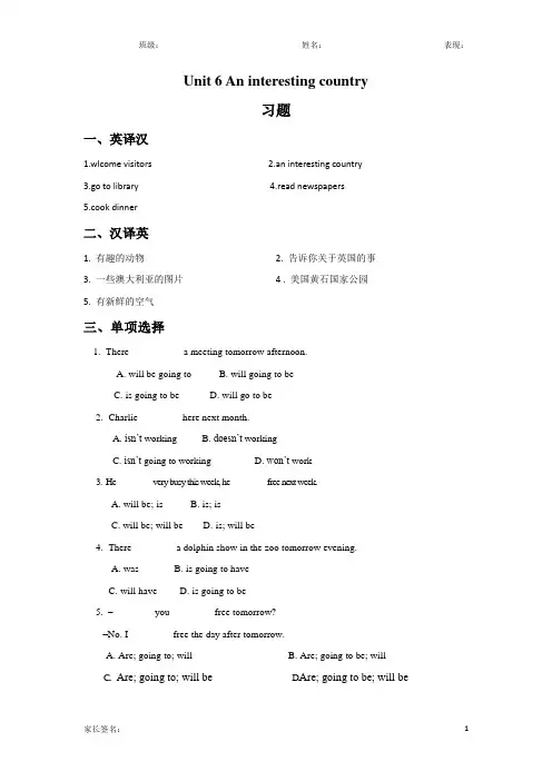 译林版六年级英语下册unit 6 an interesting country课后练习题