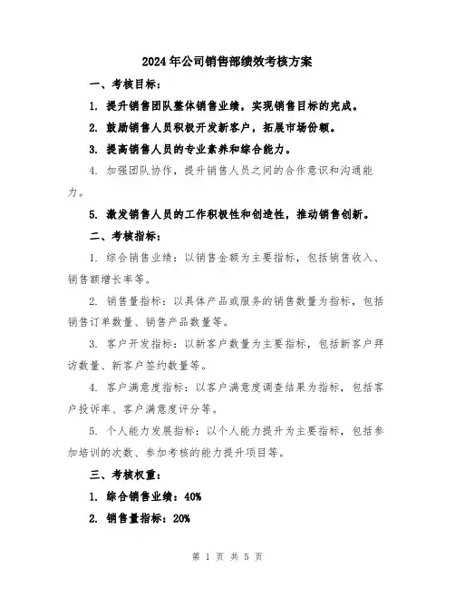 2024年公司销售部绩效考核方案