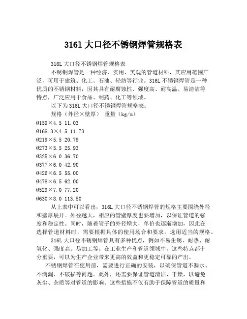316l大口径不锈钢焊管规格表