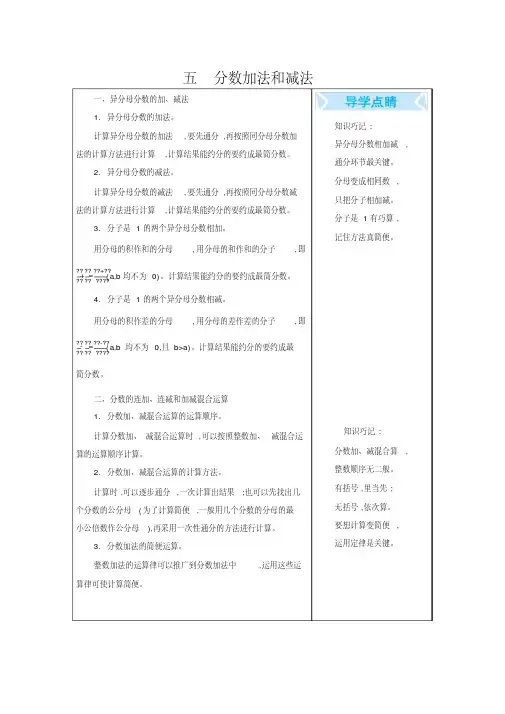 苏教版五年级下册数学知识点第5单元分数加法和减法