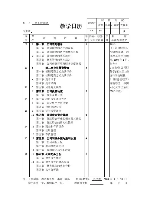 财务管理学教学日历