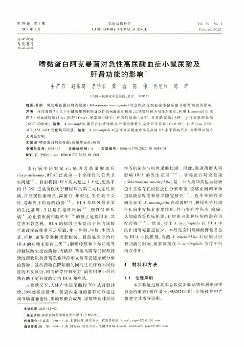 嗜黏蛋白阿克曼菌对急性高尿酸血症小鼠尿酸及肝肾功能的影响