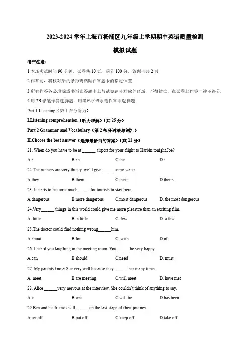 2023-2024学年上海市杨浦区九年级上学期期中英语质量检测模拟试题(含解析)