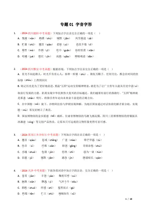 2025年中考语文总复习三年中考真题分类复习专题01字音字形