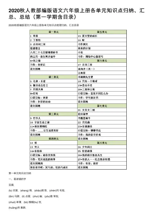 2020秋人教部编版语文六年级上册各单元知识点归纳、汇总、总结（第一学期含目录）