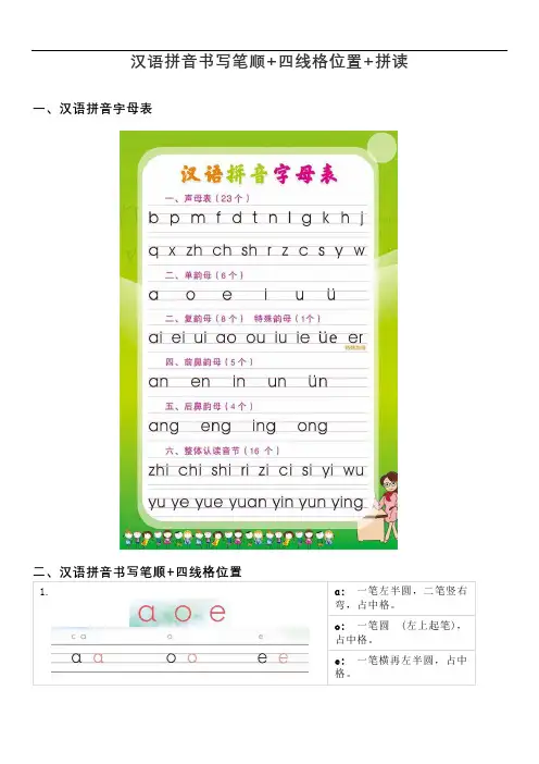 汉语拼音书写笔顺+四线格位置+拼读