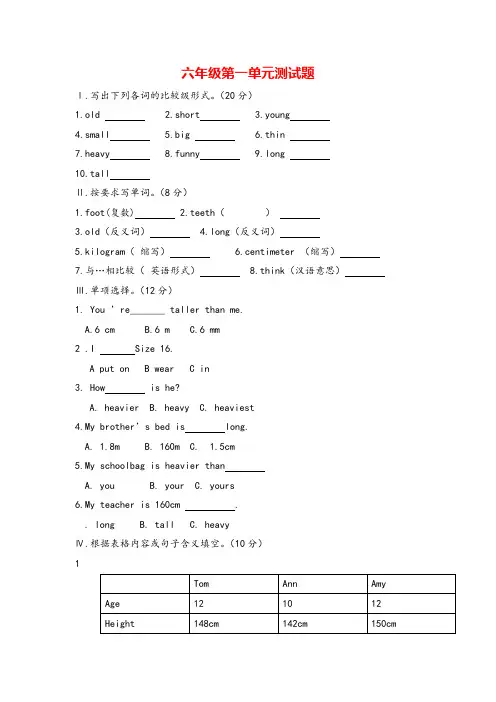 人教PEP六年级下册Unit 1 单元测试(含答案)