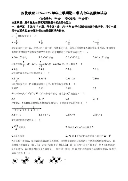 福建省泉州市四校(泉州实验、安溪一中等)2024-2025学年七年级上学期期中联考数学试题(含答案)