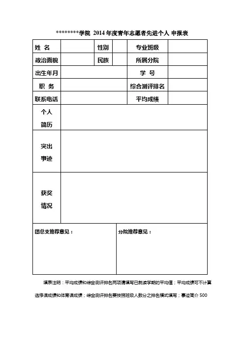 青年志愿者先进个人申报表