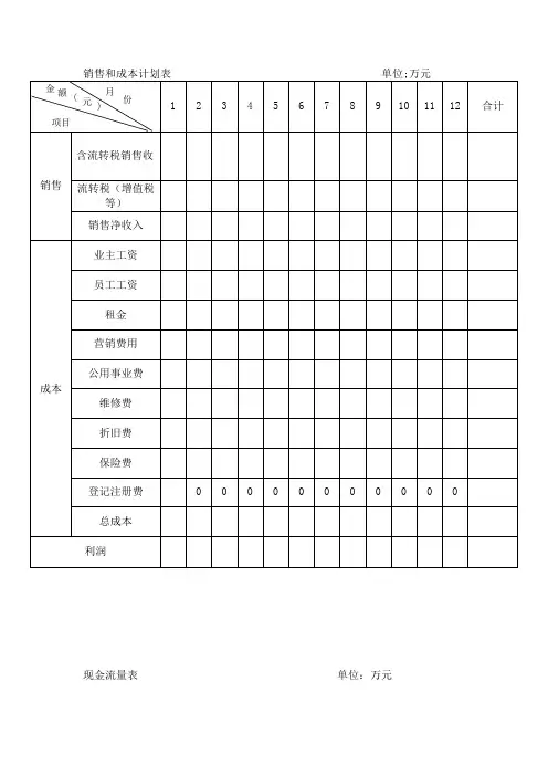 销售和成本计划表、现金流量计划表模板