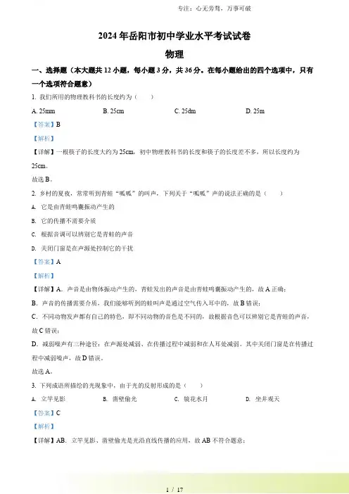 解析：2024年湖南省岳阳市中考物理试题(解析版)