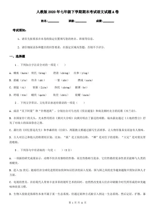 人教版2020年七年级下学期期末考试语文试题A卷