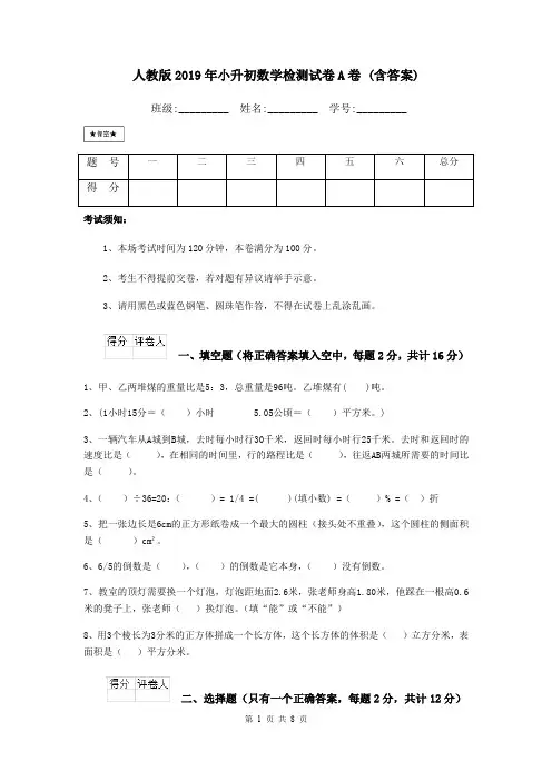 人教版2019年小升初数学检测试卷A卷 (含答案)