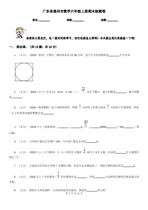 广东省惠州市数学六年级上册期末检测卷