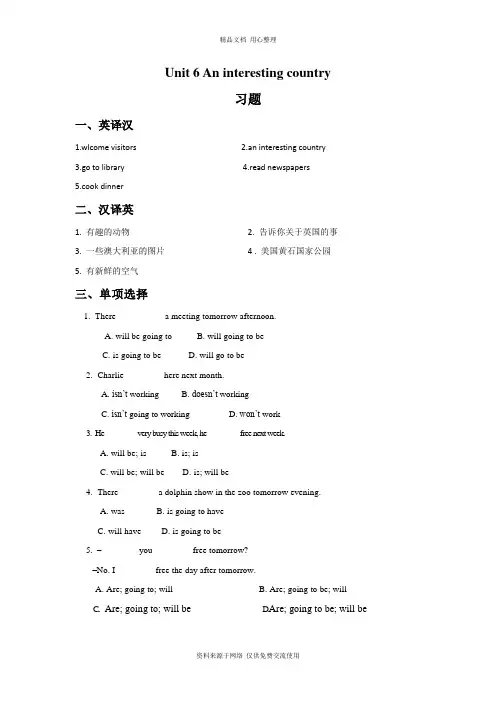 新译林版小学英语六年级下册Unit 6 An interesting country 习题