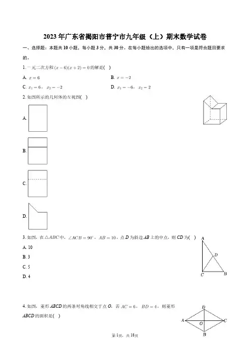 2023年广东省揭阳市普宁市九年级(上)期末数学试卷+答案解析