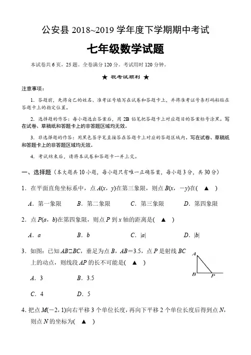 湖北省荆州市公安县2018~2019学年下学期期中考试七年级数学试题(含答案)