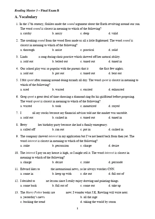 大学英语泛读教程3(第三版)期末试卷Reading Master 3 – Final Exam B