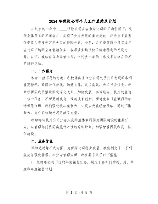 2024年保险公司个人工作总结及计划（二篇）