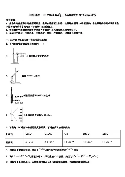 山东德州一中2024年高三下学期联合考试化学试题含解析