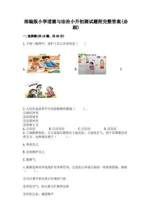 部编版小学道德与法治小升初测试题附完整答案及完整答案(必刷)