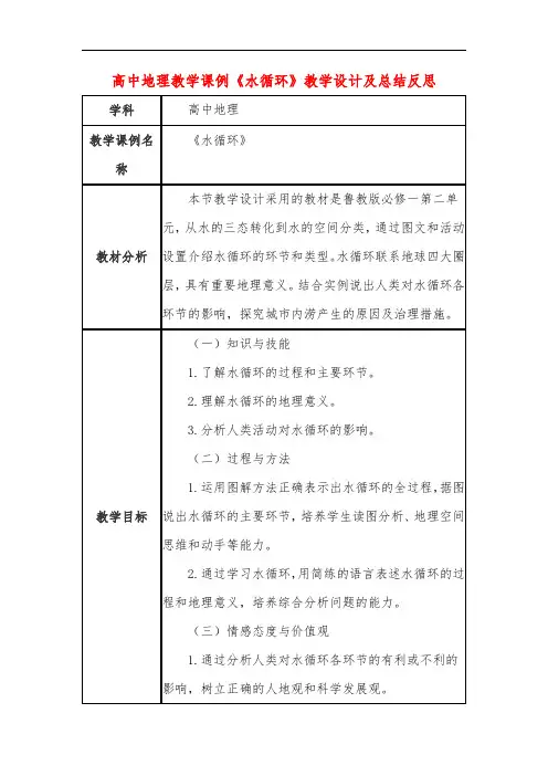 高中地理教学课例《水循环》课程思政核心素养教学设计及总结反思