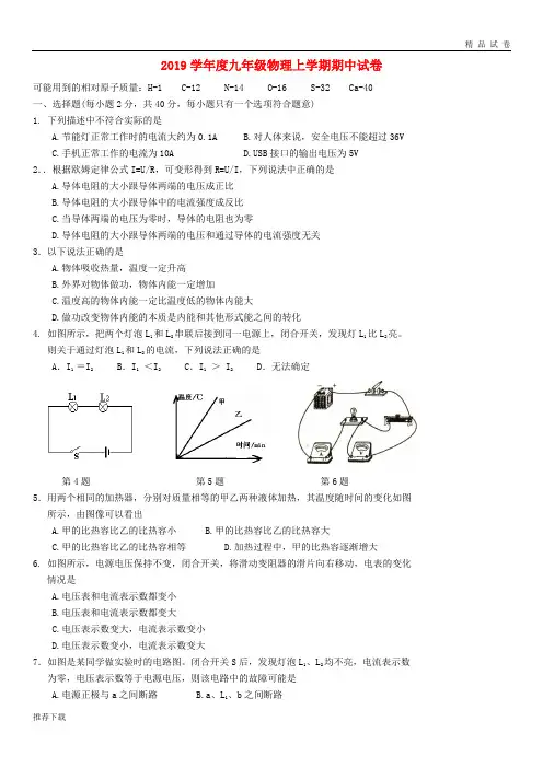 [精品]2019学年度九年级物理上学期期中试卷