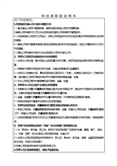 岗位说明书-科技部职能说明书部门职能