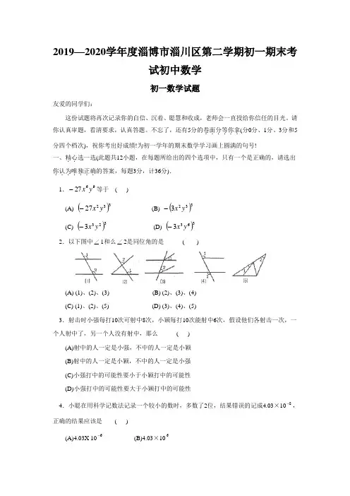 2019—2020学年度淄博市淄川区第二学期初一期末考试初中数学