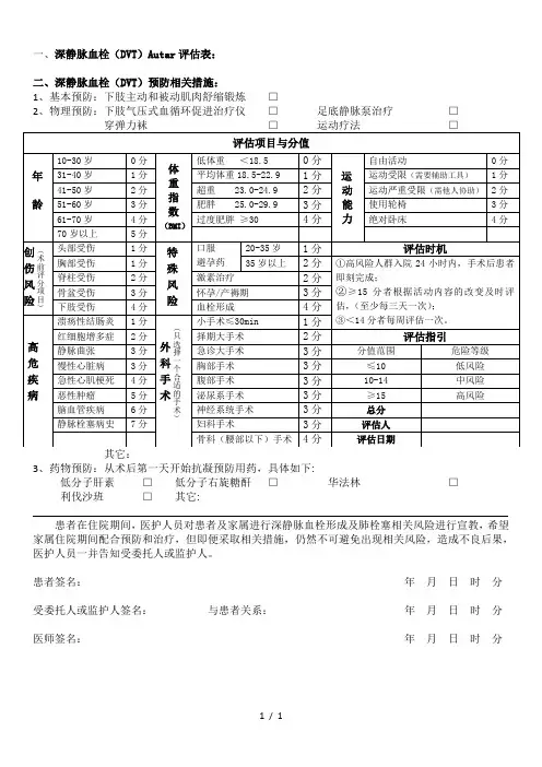 深静脉血栓Autar评分表