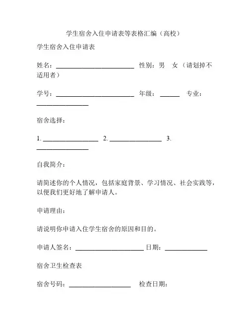 学生宿舍入住申请表等表格汇编(高校)
