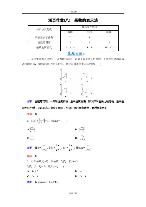 【优化指导】高一数学人教A版必修1活页课时作业：1.2.2.1 函数的表示法 Word版含解析[ 高考]