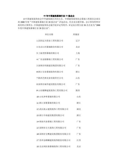 中国建筑幕墙行业50强企业名单