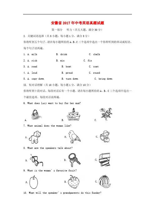【中考试卷】安徽省2017年中考英语真题试题(含解析)