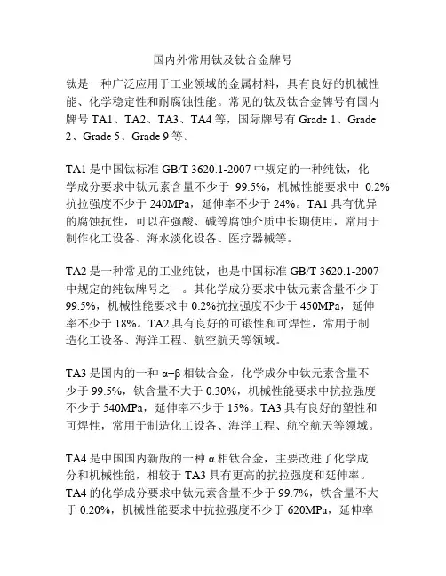 国内外常用钛及钛合金牌号